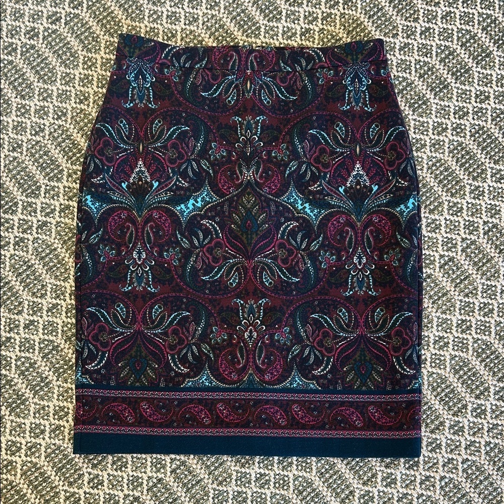 Talbots Paisley Pencil Skirt Blue Burgundy Knee Length Office Career Skirt | 6